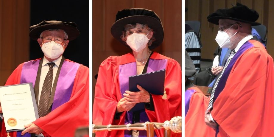 Emerita Professor Robin Creyke AO FAAL, Emeritus Professor John McMillan AO FAAL and Emeritus Professor Dennis Pearce AO FAAL at the graduation ceremony at Llewellyn Hall.