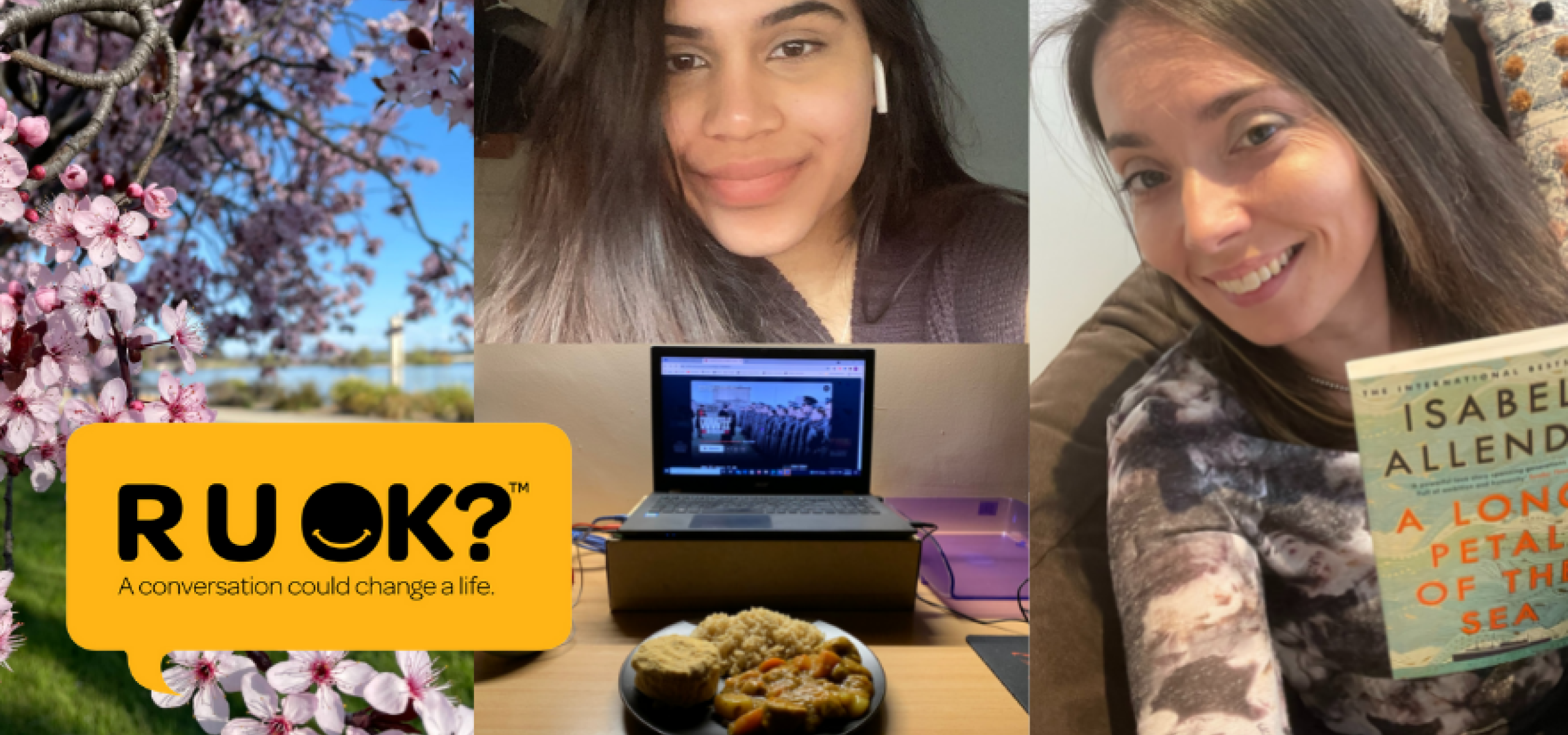 A collage of images featuring Dr Faith Gordon, Varshini Viswanath, Epi Terbio's dinner and an outdoor view.