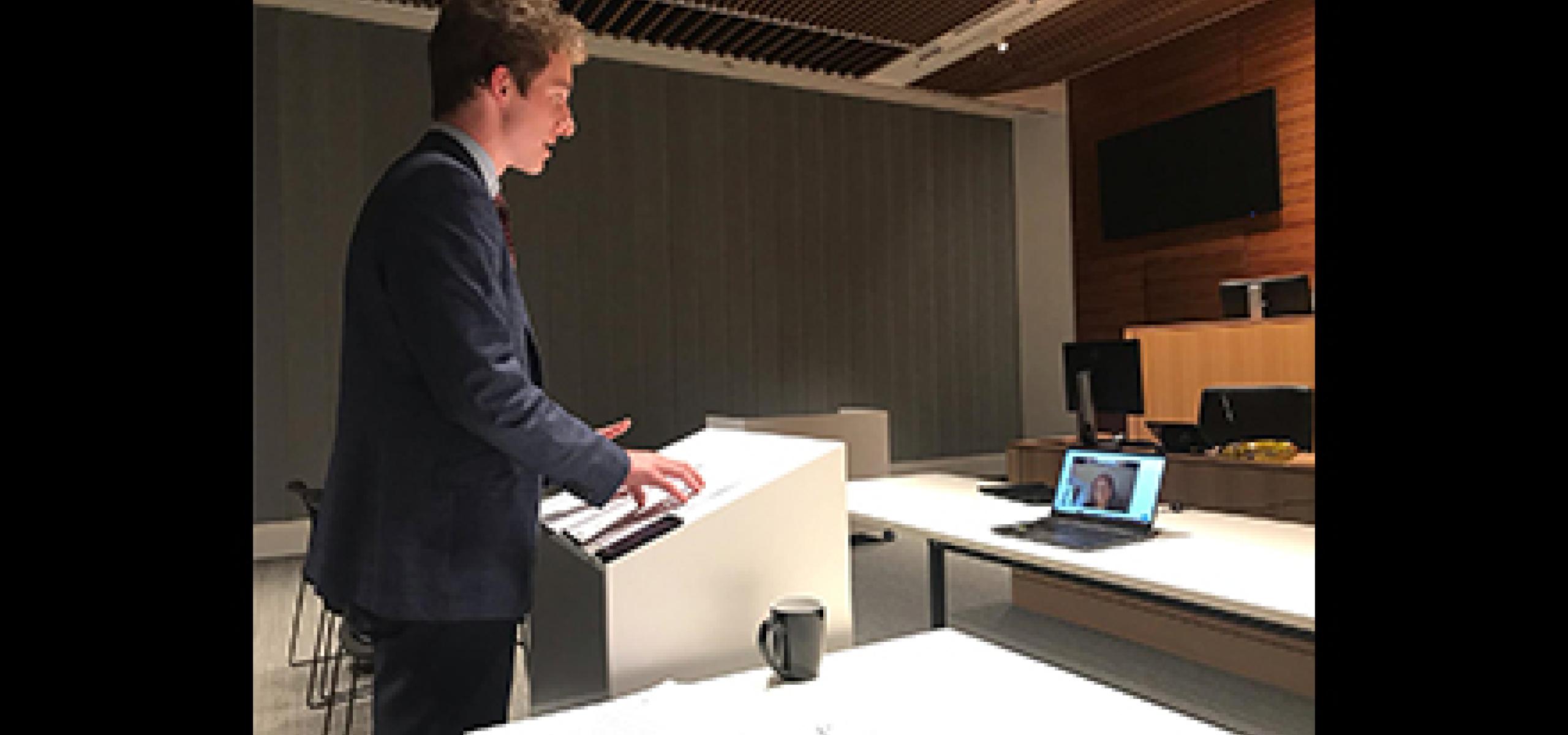 ANU student Javier Cross presents his case in an e-mooting competition ANU student Javier Cross presents his case in an e-mooting competition